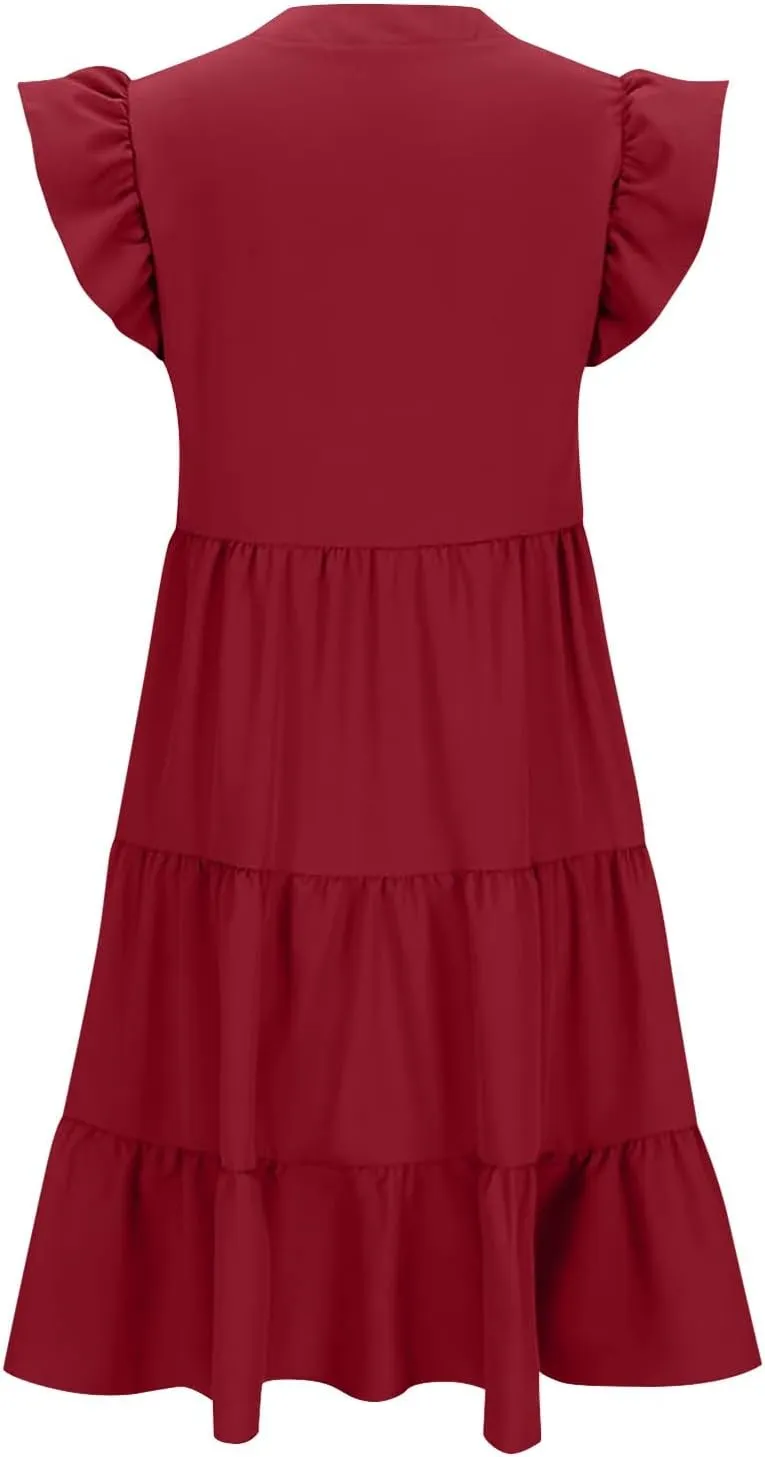 Women Short Sleeve Knee Length Sundress Solid Color A Line Vacation Dresses Casual Trendy Outfit with Pockets