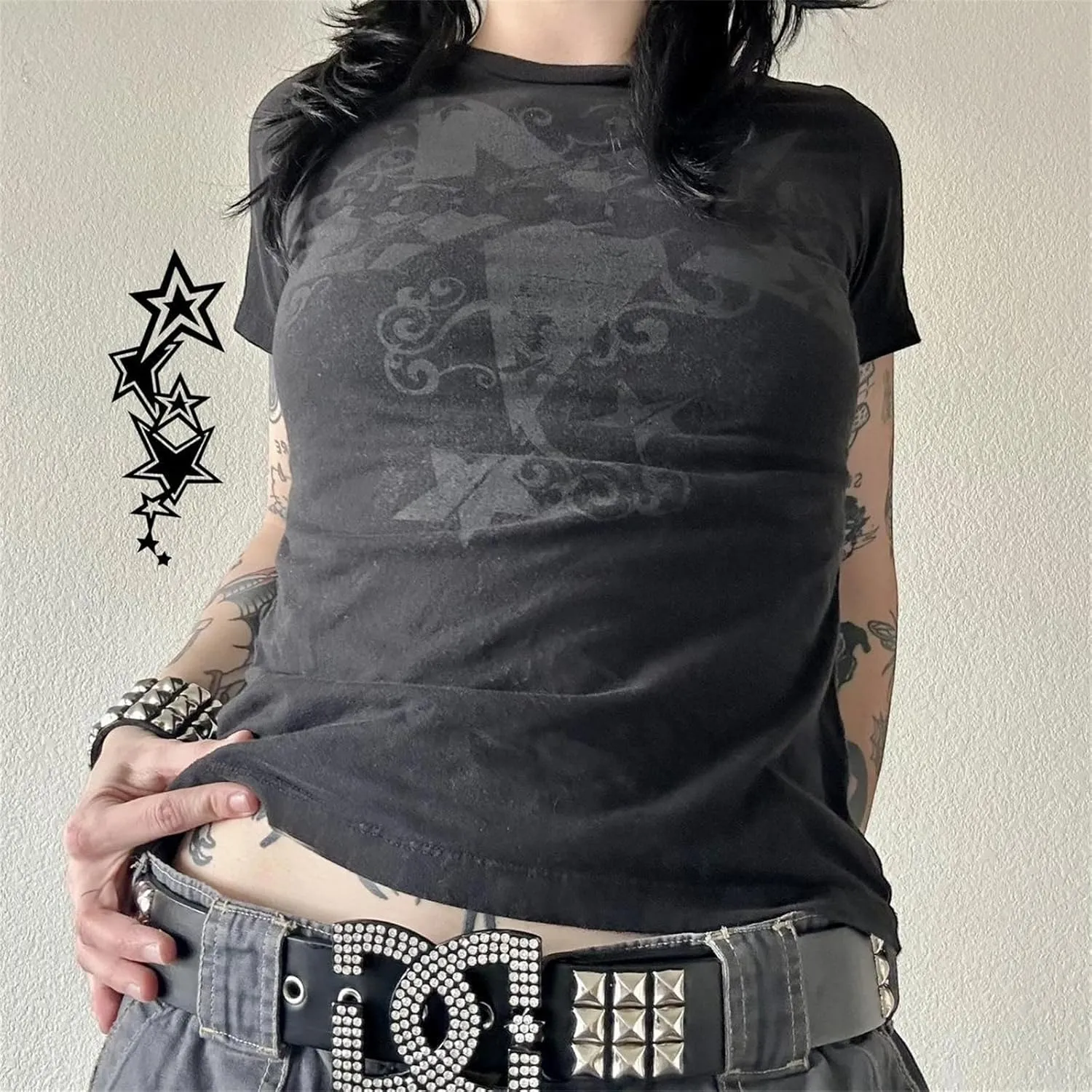Women Y2k Fairy Grunge Graphic Print Baby Tees E-Girl Emo Tshirts 2000s Scene Cutecore Crop Tops Summer Clothes