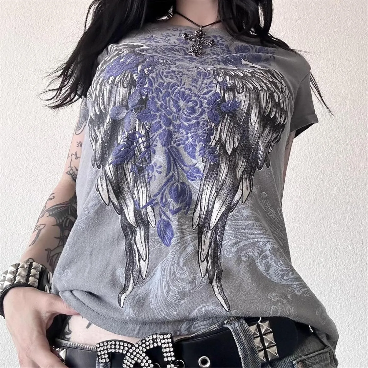 Women Y2k Fairy Grunge Graphic Print Baby Tees E-Girl Emo Tshirts 2000s Scene Cutecore Crop Tops Summer Clothes