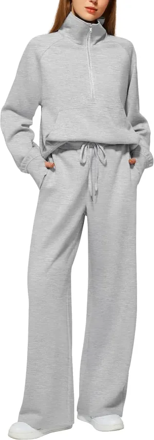 Women's 2 Piece Outfits Lounge Set 2025 Oversized Half Zip Sweatshirt Wide Leg Sweatpant Set Sweatsuit Tracksuit