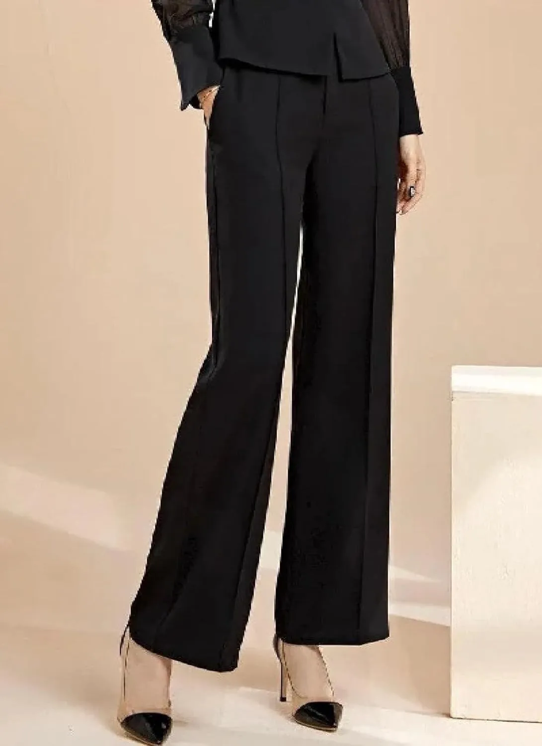 Women's 2025 Summer Black Two Piece Outfits Solid Color Slightly Transparent Long Sleeve Top Straight Pants Office Outfits