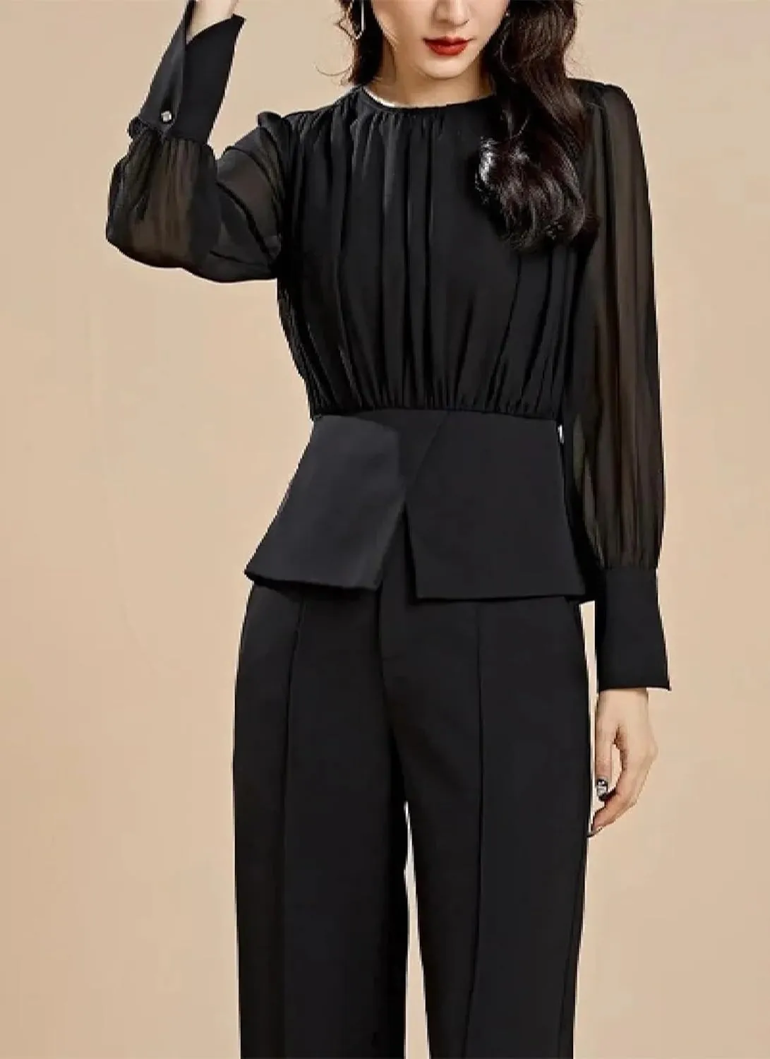Women's 2025 Summer Black Two Piece Outfits Solid Color Slightly Transparent Long Sleeve Top Straight Pants Office Outfits