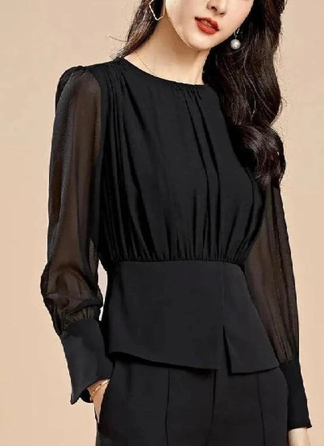 Women's 2025 Summer Black Two Piece Outfits Solid Color Slightly Transparent Long Sleeve Top Straight Pants Office Outfits
