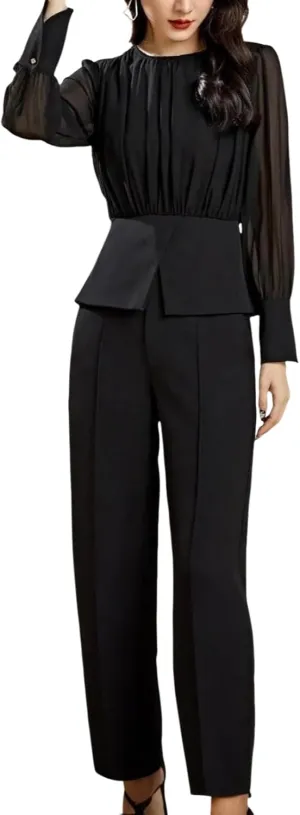 Women's 2025 Summer Black Two Piece Outfits Solid Color Slightly Transparent Long Sleeve Top Straight Pants Office Outfits