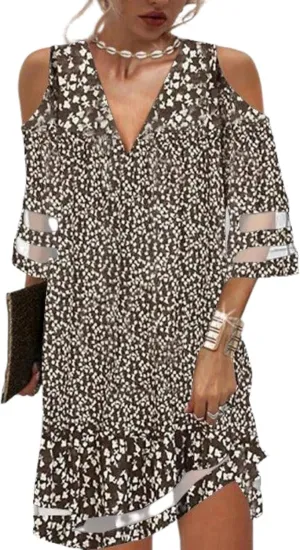 Women's 2025 Summer Retro Brown 3/4 Sleeve V-Neck Stylish Print A-Line Mini Dress Beach Fashion Party Club Dresses