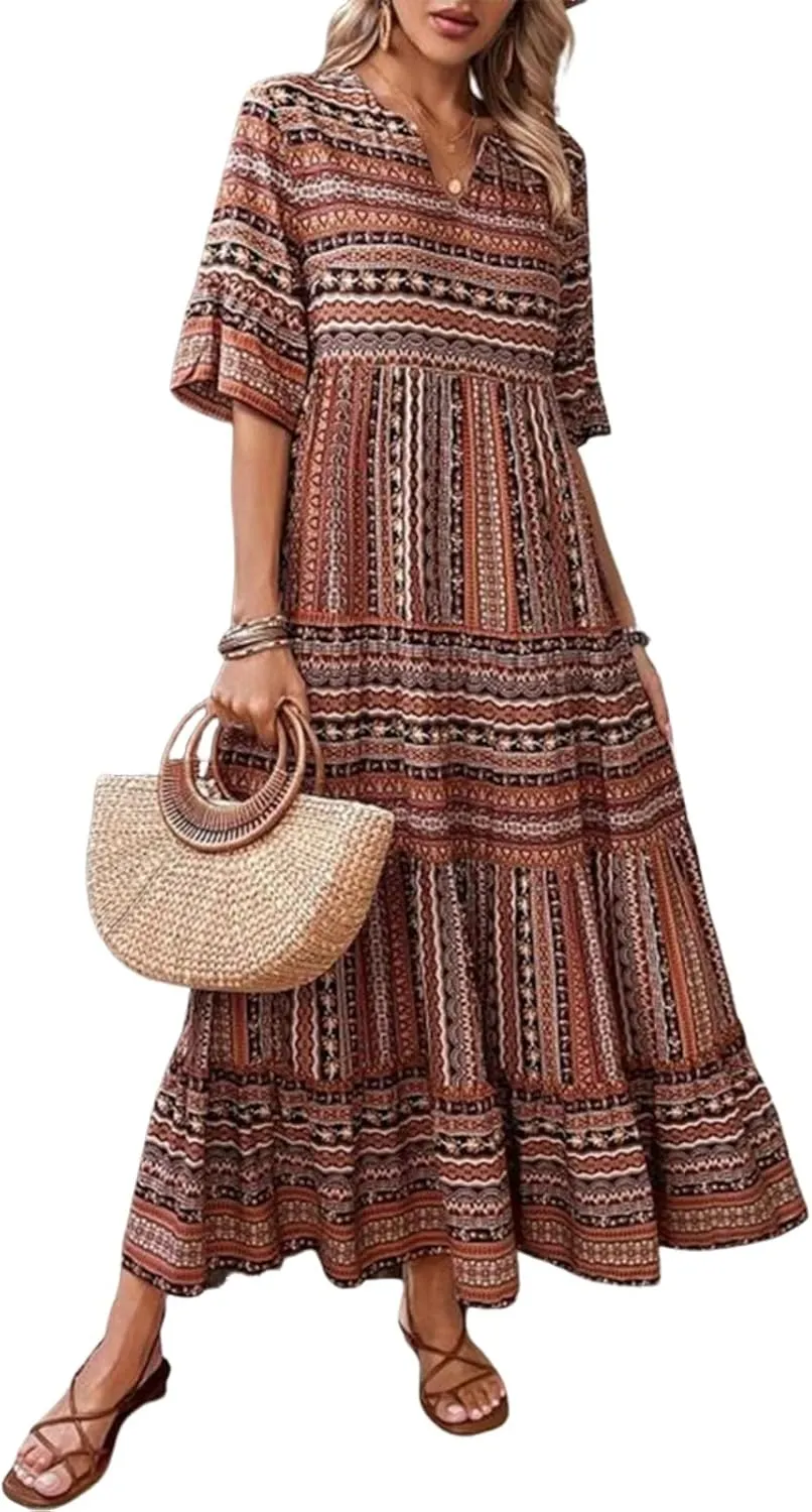 Women's 2025 Summer Retro Brown Half Sleeve V-Neck A-Line Maxi Dress Casual Outdoor Beach Vacation Travel Outfits