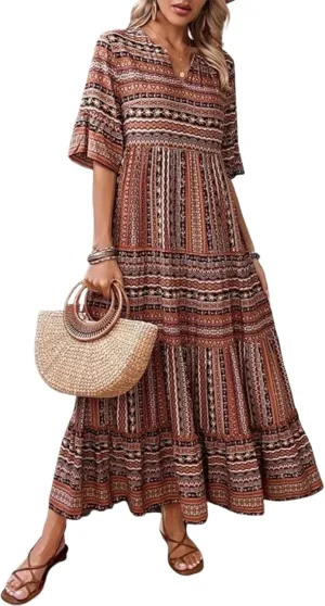 Women's 2025 Summer Retro Brown Half Sleeve V-Neck A-Line Maxi Dress Casual Outdoor Beach Vacation Travel Outfits