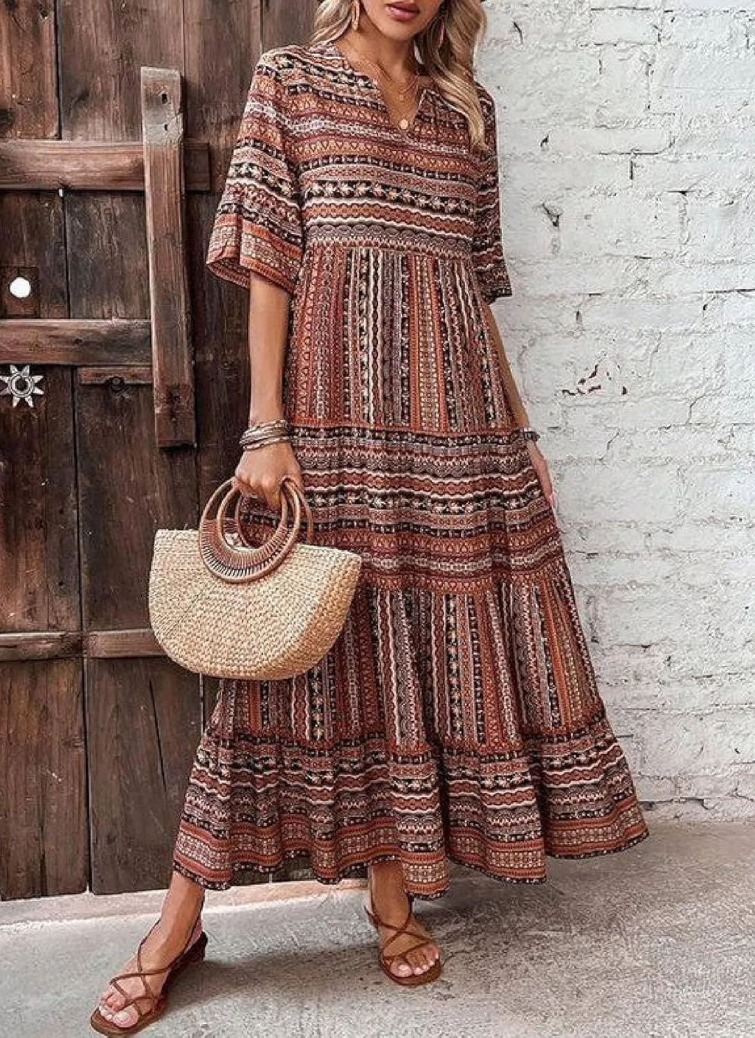 Women's 2025 Summer Retro Brown Half Sleeve V-Neck A-Line Maxi Dress Casual Outdoor Beach Vacation Travel Outfits