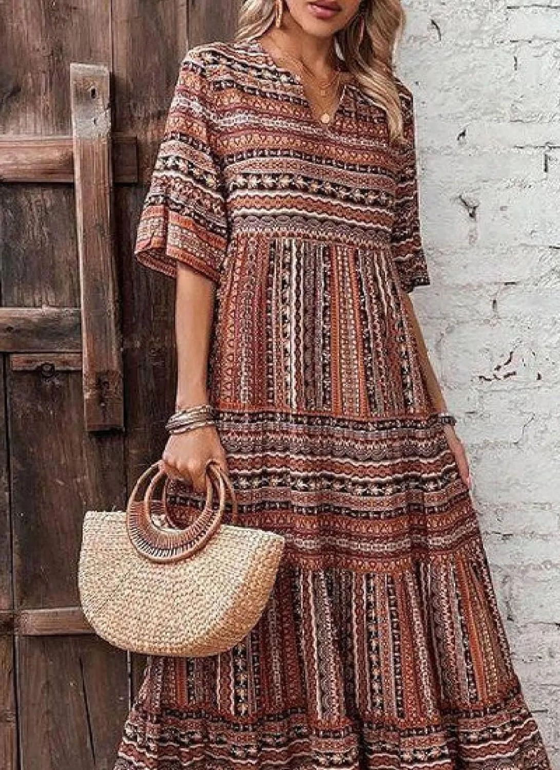 Women's 2025 Summer Retro Brown Half Sleeve V-Neck A-Line Maxi Dress Casual Outdoor Beach Vacation Travel Outfits
