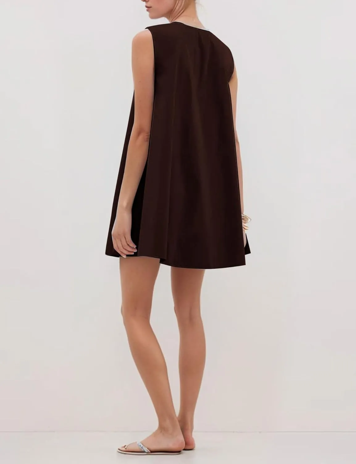 Womens Babydoll Dress Summer Sleeveless Loose Fit Scoop Neck Ruched Short Dress with Pockets Mini Tank Beach