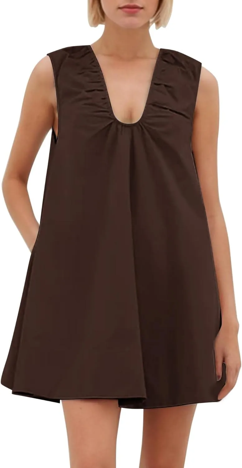 Womens Babydoll Dress Summer Sleeveless Loose Fit Scoop Neck Ruched Short Dress with Pockets Mini Tank Beach
