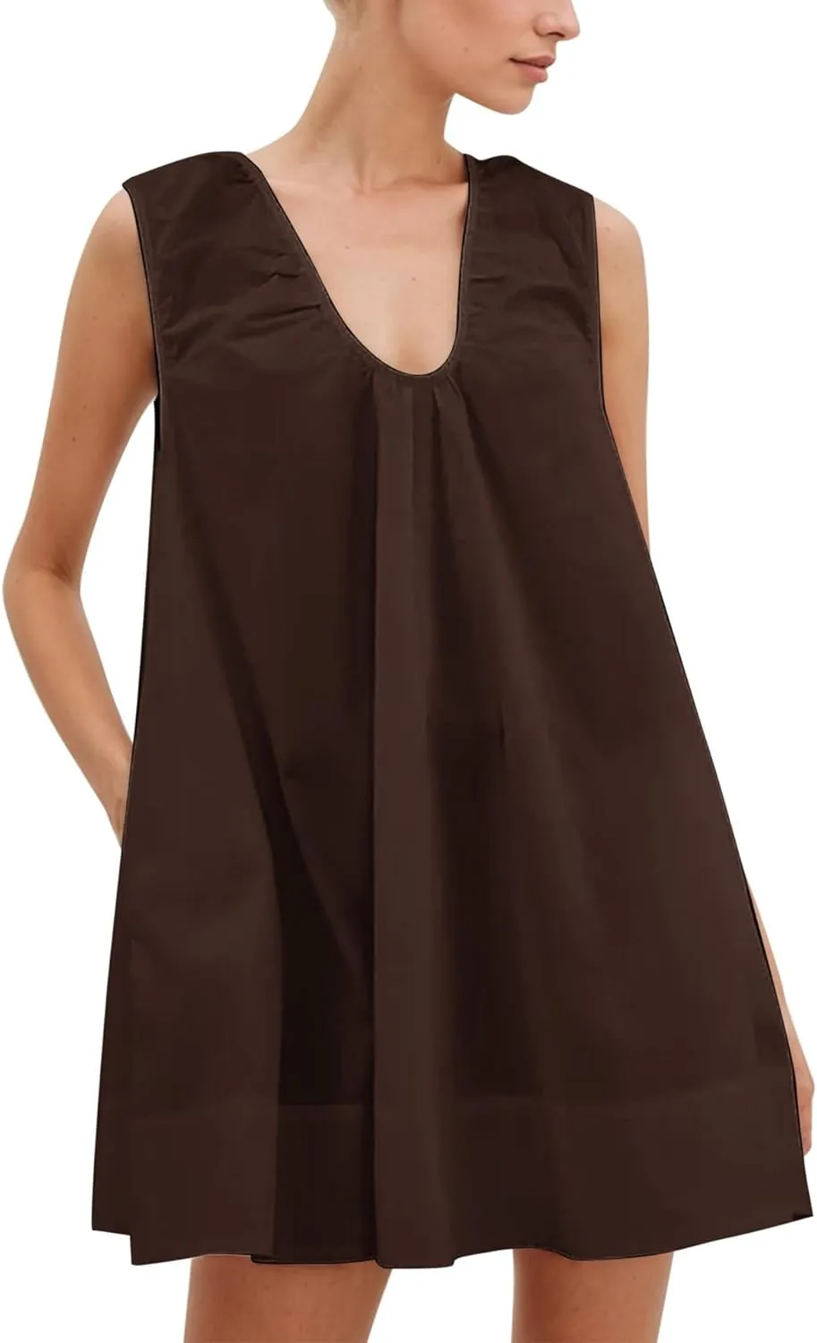 Womens Babydoll Dress Summer Sleeveless Loose Fit Scoop Neck Ruched Short Dress with Pockets Mini Tank Beach