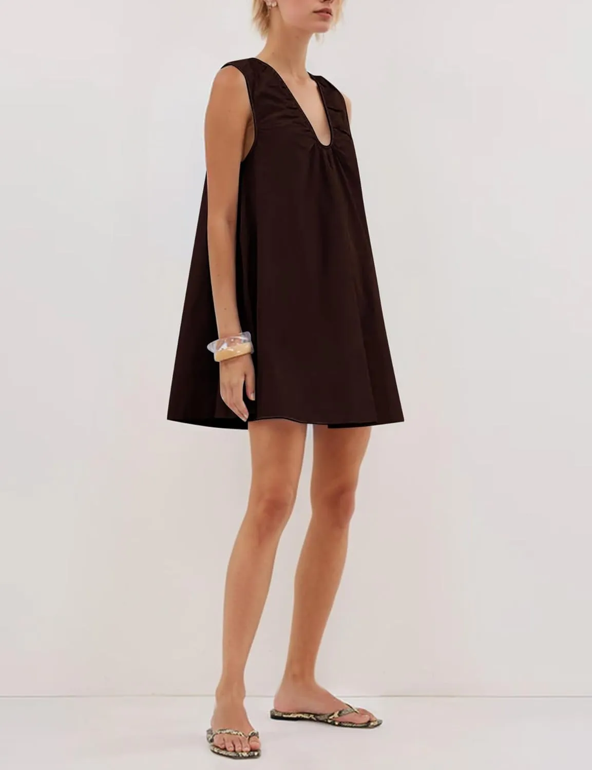 Womens Babydoll Dress Summer Sleeveless Loose Fit Scoop Neck Ruched Short Dress with Pockets Mini Tank Beach