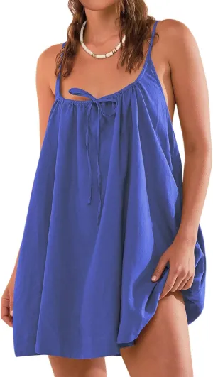 Womens Beach Cover Ups Swimwear Summer Casual Mini Dress Spaghetti Strap Backless Linen Sundresses with Pockets