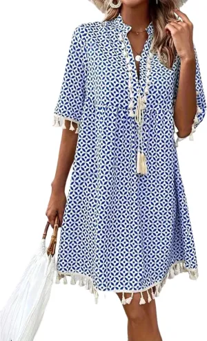 Women's Blue and White Geometric Print Tassel Trim Short Sleeve Dress 2025 Spring Summer Casual Boho Beach Party Sundress