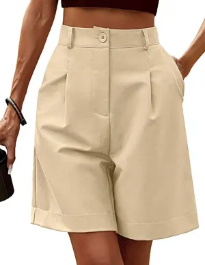Women's Casual Bermuda Shorts Elastic Waist Wide Leg Knee Length Summer Shorts with Pockets