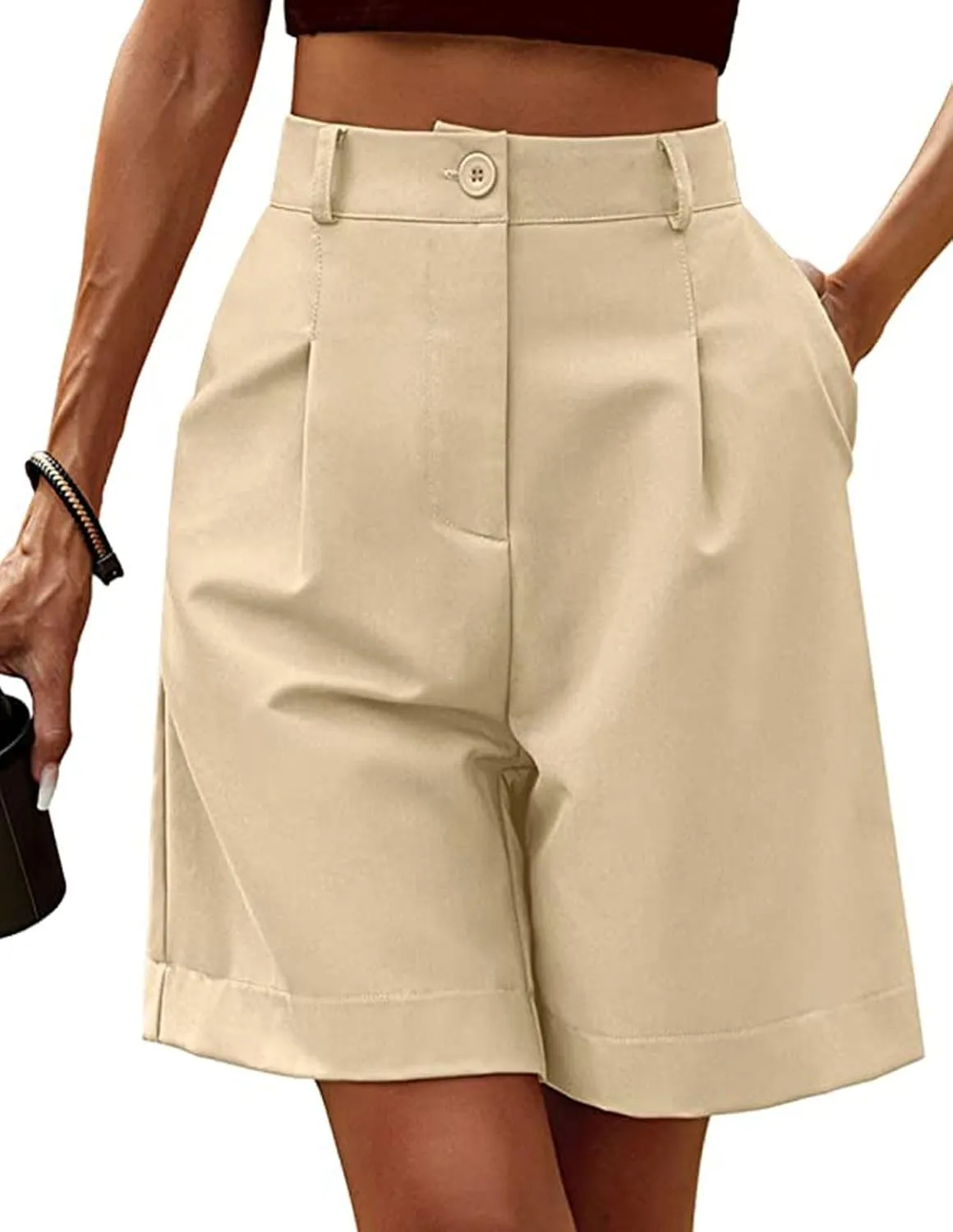 Women's Casual Bermuda Shorts Elastic Waist Wide Leg Knee Length Summer Shorts with Pockets