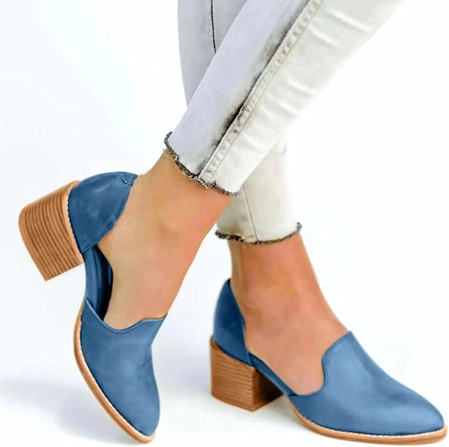 Women's Casual Pointed Toe Slip On Dress Shoes Comfy PU Leather Loafers Block Mid Heel Oxford Pumps