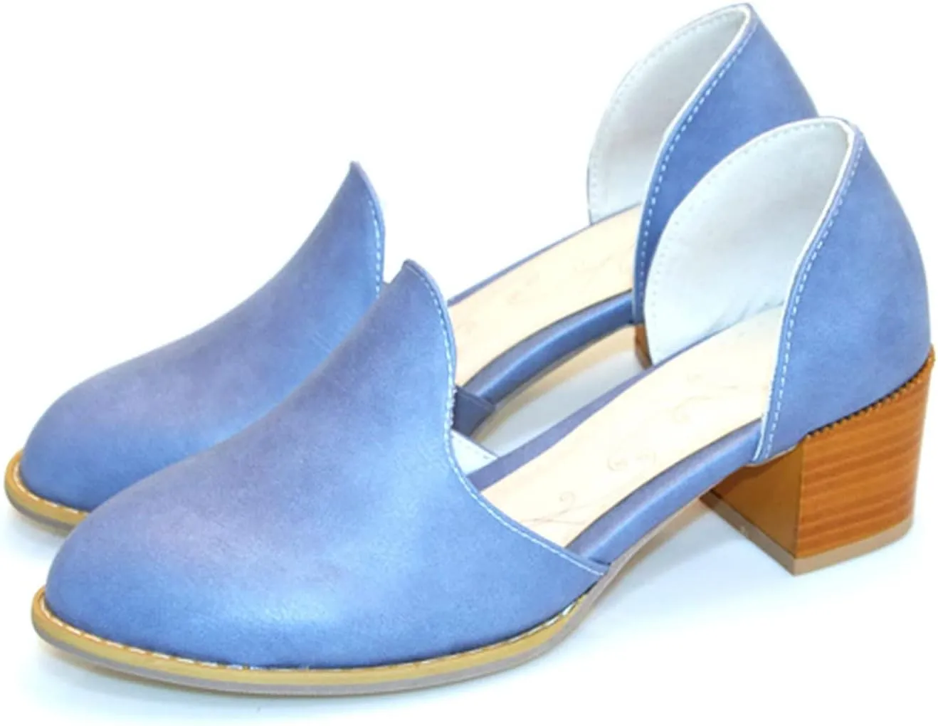 Women's Casual Pointed Toe Slip On Dress Shoes Comfy PU Leather Loafers Block Mid Heel Oxford Pumps