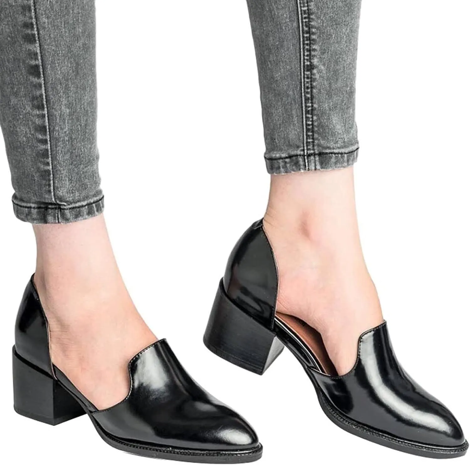 Women's Casual Pointed Toe Slip On Dress Shoes Comfy PU Leather Loafers Block Mid Heel Oxford Pumps