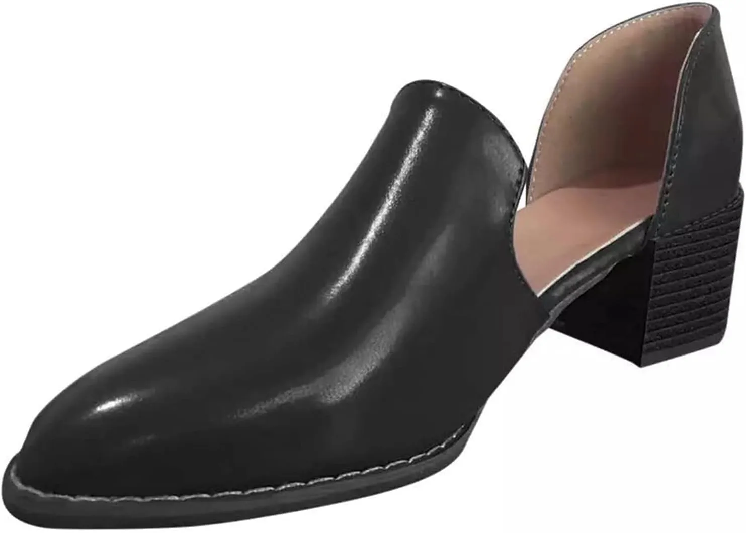 Women's Casual Pointed Toe Slip On Dress Shoes Comfy PU Leather Loafers Block Mid Heel Oxford Pumps
