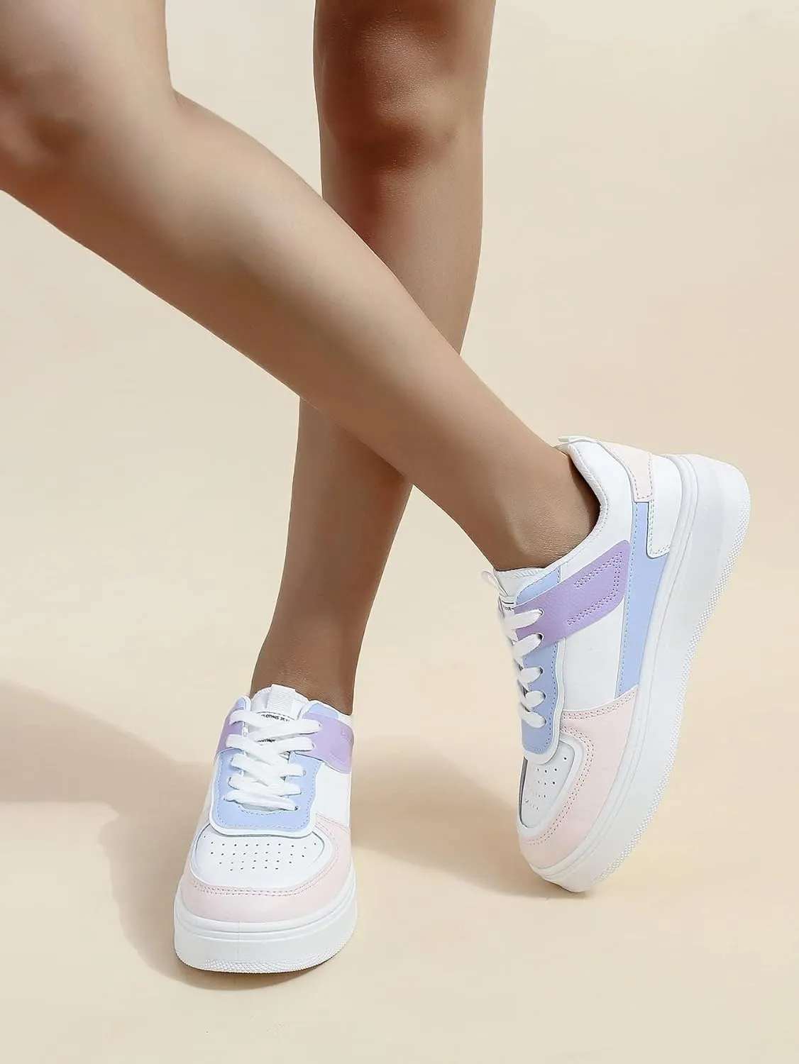 Women's Colorblock Lace Up Front Skater Round Toe Shoes Casual Sneakers