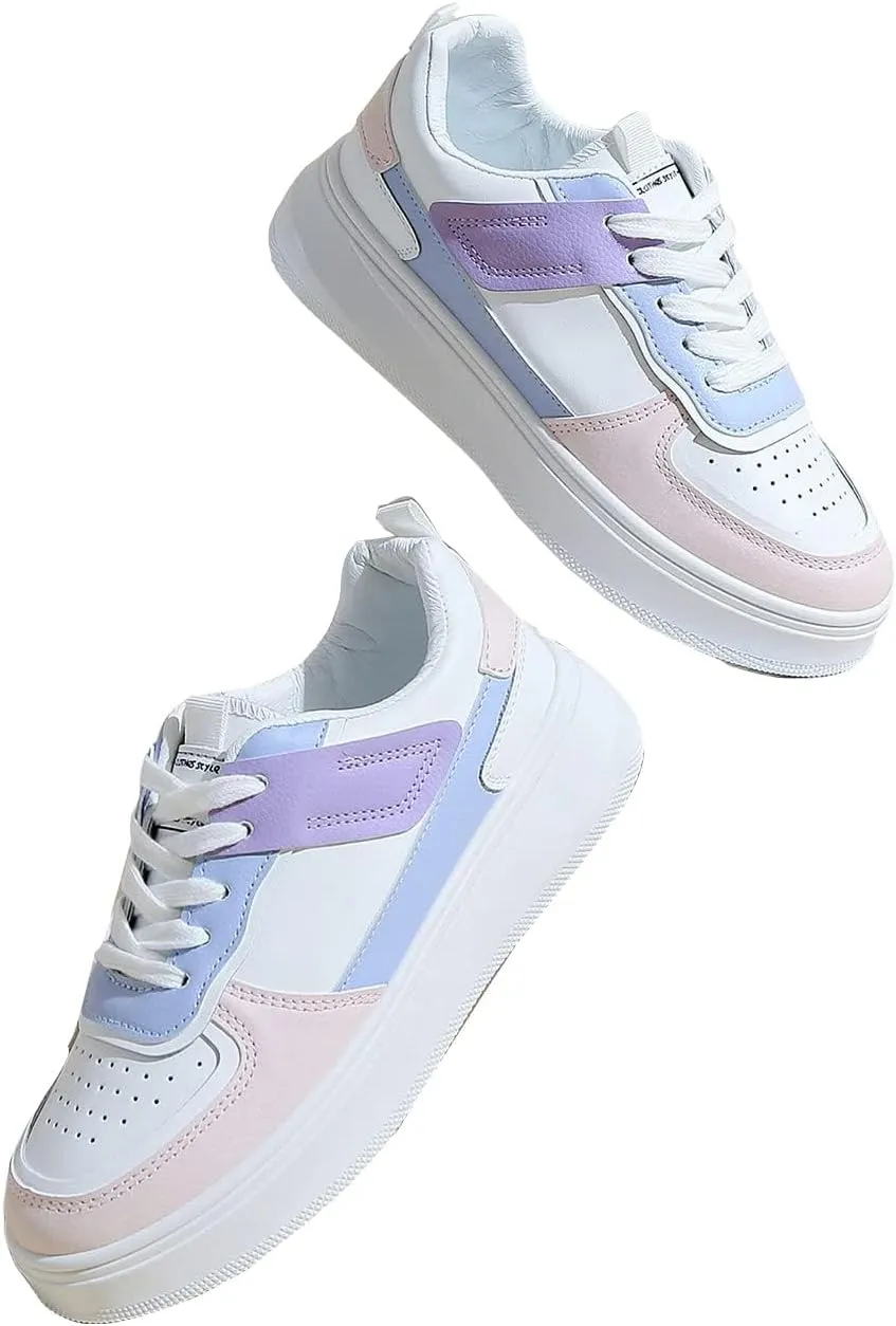 Women's Colorblock Lace Up Front Skater Round Toe Shoes Casual Sneakers