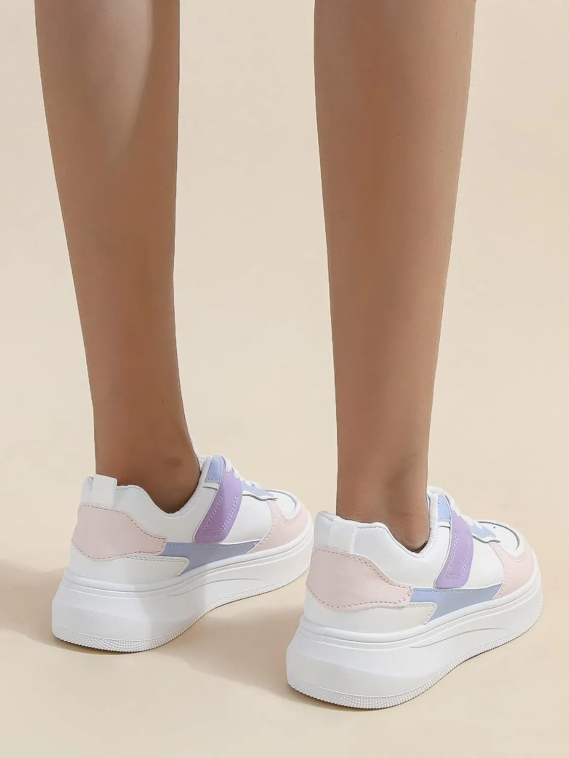 Women's Colorblock Lace Up Front Skater Round Toe Shoes Casual Sneakers