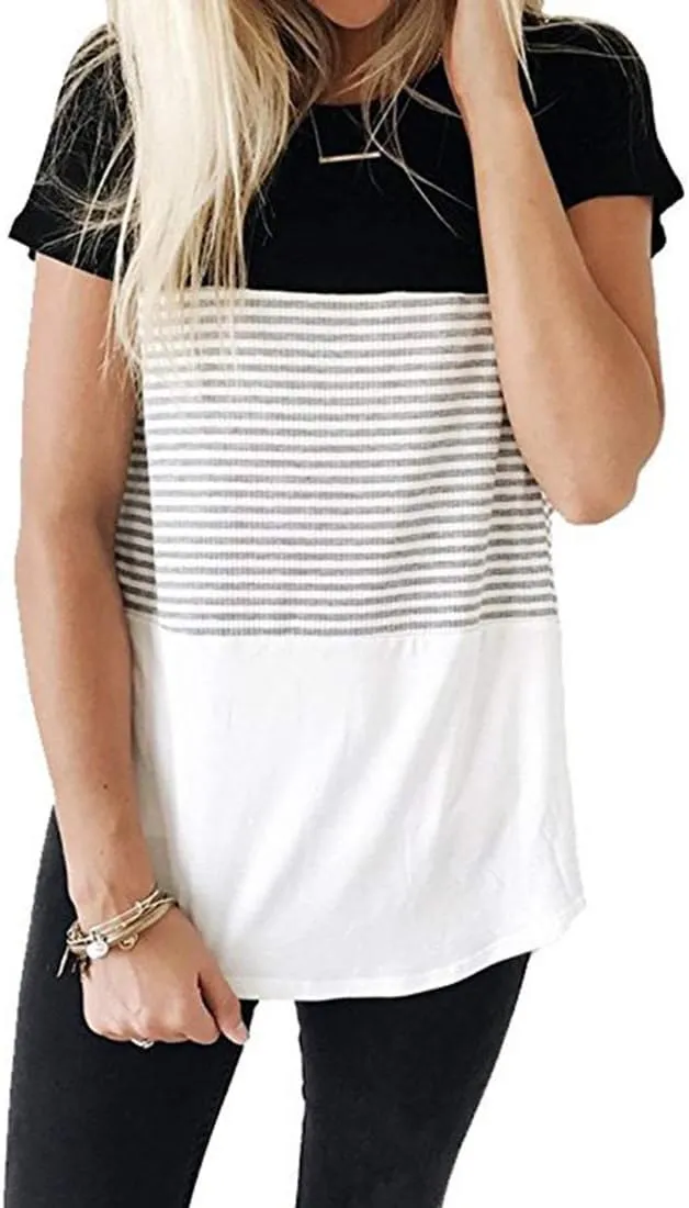 Womens Crew Neck Short Sleeve Tees Color Block Striped T-Shirt Casual Loose Fashion Tee Tops