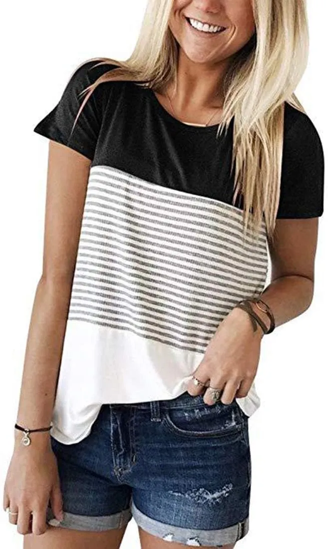 Womens Crew Neck Short Sleeve Tees Color Block Striped T-Shirt Casual Loose Fashion Tee Tops