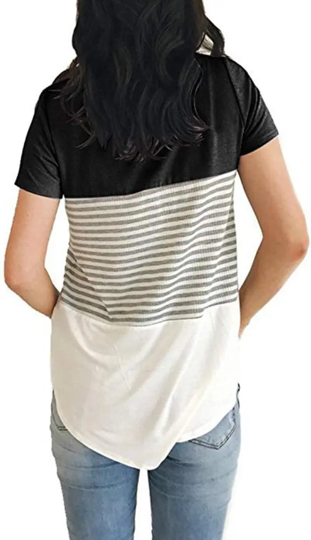 Womens Crew Neck Short Sleeve Tees Color Block Striped T-Shirt Casual Loose Fashion Tee Tops