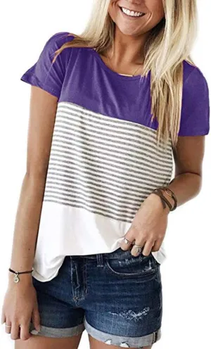 Womens Crew Neck Short Sleeve Tees Color Block Striped T-Shirt Casual Loose Fashion Tee Tops