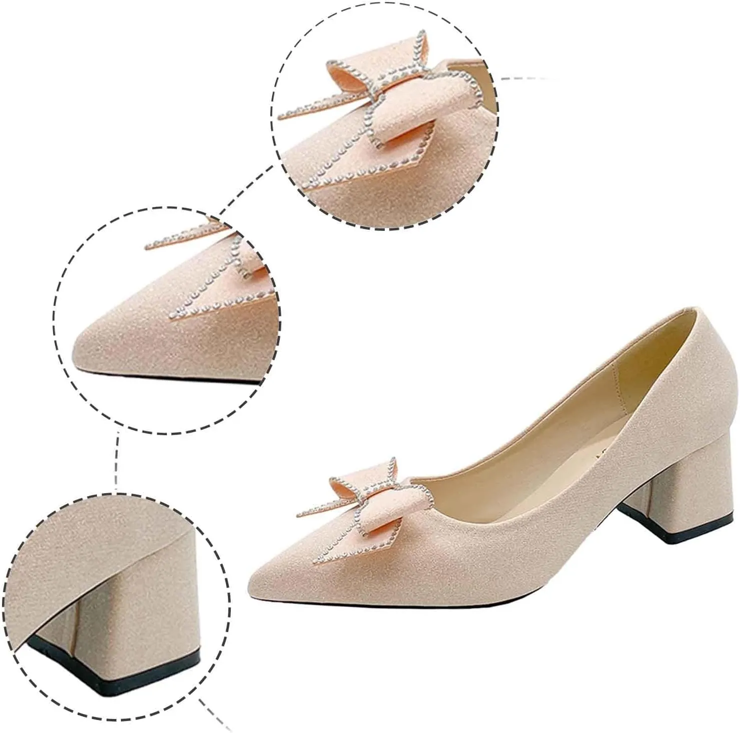 Womens Dress Shoes Low Heel Pumps Pointed Toe Dress Shoes Suede Loafers Low Block Heels Wedding Shoes with Bow