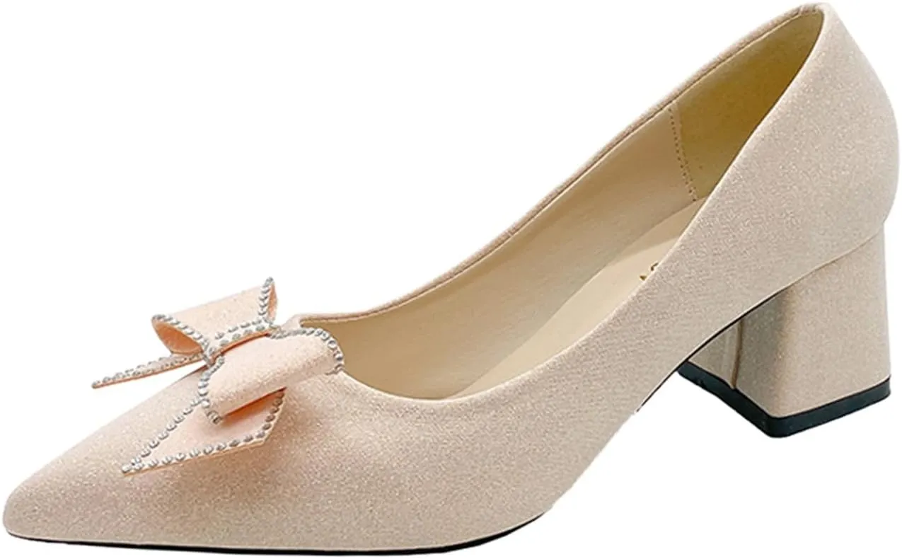 Womens Dress Shoes Low Heel Pumps Pointed Toe Dress Shoes Suede Loafers Low Block Heels Wedding Shoes with Bow