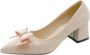 Womens Dress Shoes Low Heel Pumps Pointed Toe Dress Shoes Suede Loafers Low Block Heels Wedding Shoes with Bow