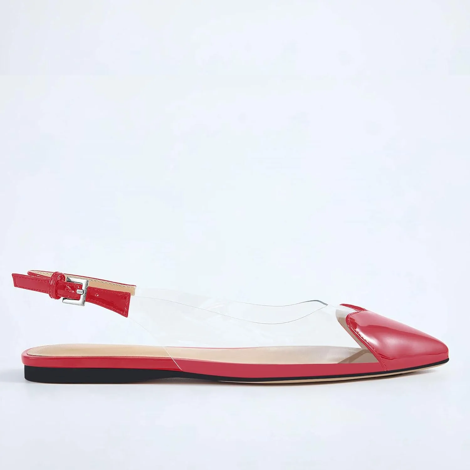 Women's Fashion Pointed Toe Heart Transparent PVC Slingback Flat Shoes Comfort Slip On Cap Toe Clear Ballet Flats Work Wedding Dress Flat Shoes for Women