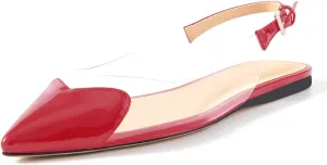Women's Fashion Pointed Toe Heart Transparent PVC Slingback Flat Shoes Comfort Slip On Cap Toe Clear Ballet Flats Work Wedding Dress Flat Shoes for Women