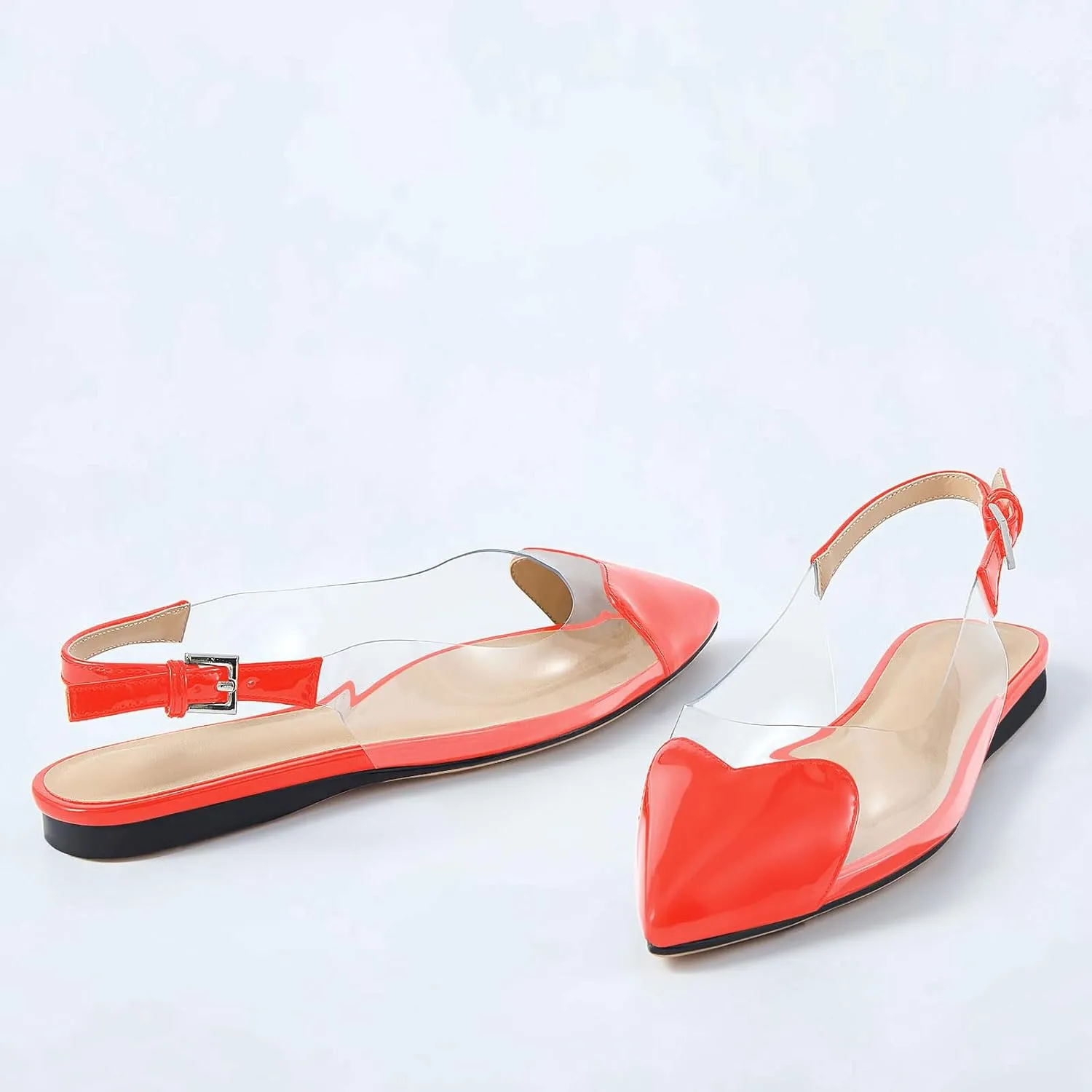 Women's Fashion Pointed Toe Heart Transparent PVC Slingback Flat Shoes Comfort Slip On Cap Toe Clear Ballet Flats Work Wedding Dress Flat Shoes for Women