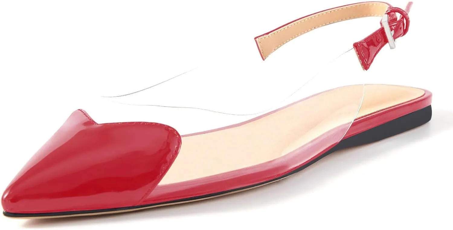 Women's Fashion Pointed Toe Heart Transparent PVC Slingback Flat Shoes Comfort Slip On Cap Toe Clear Ballet Flats Work Wedding Dress Flat Shoes for Women