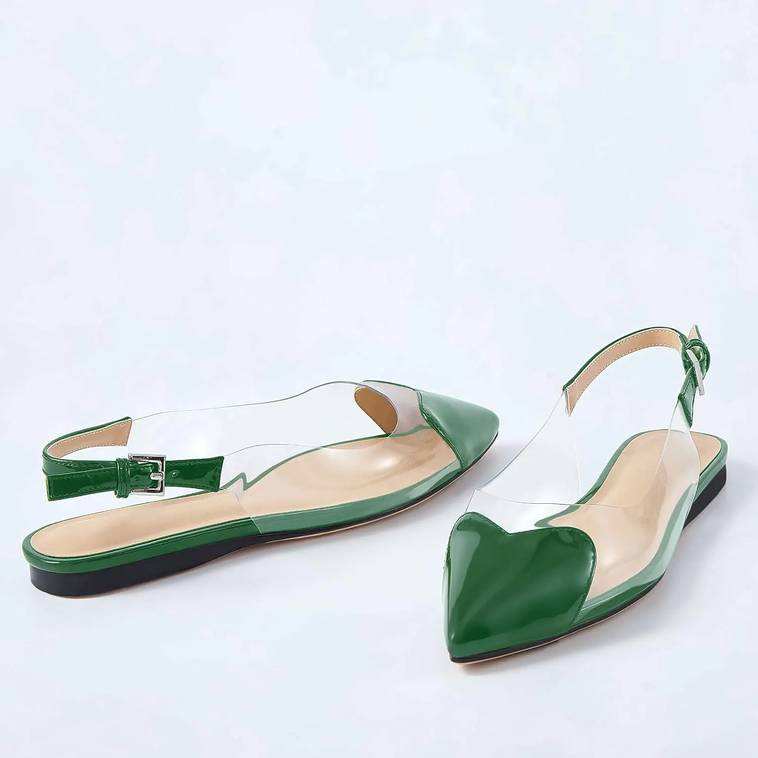 Women's Fashion Pointed Toe Heart Transparent PVC Slingback Flat Shoes Comfort Slip On Cap Toe Clear Ballet Flats Work Wedding Dress Flat Shoes for Women