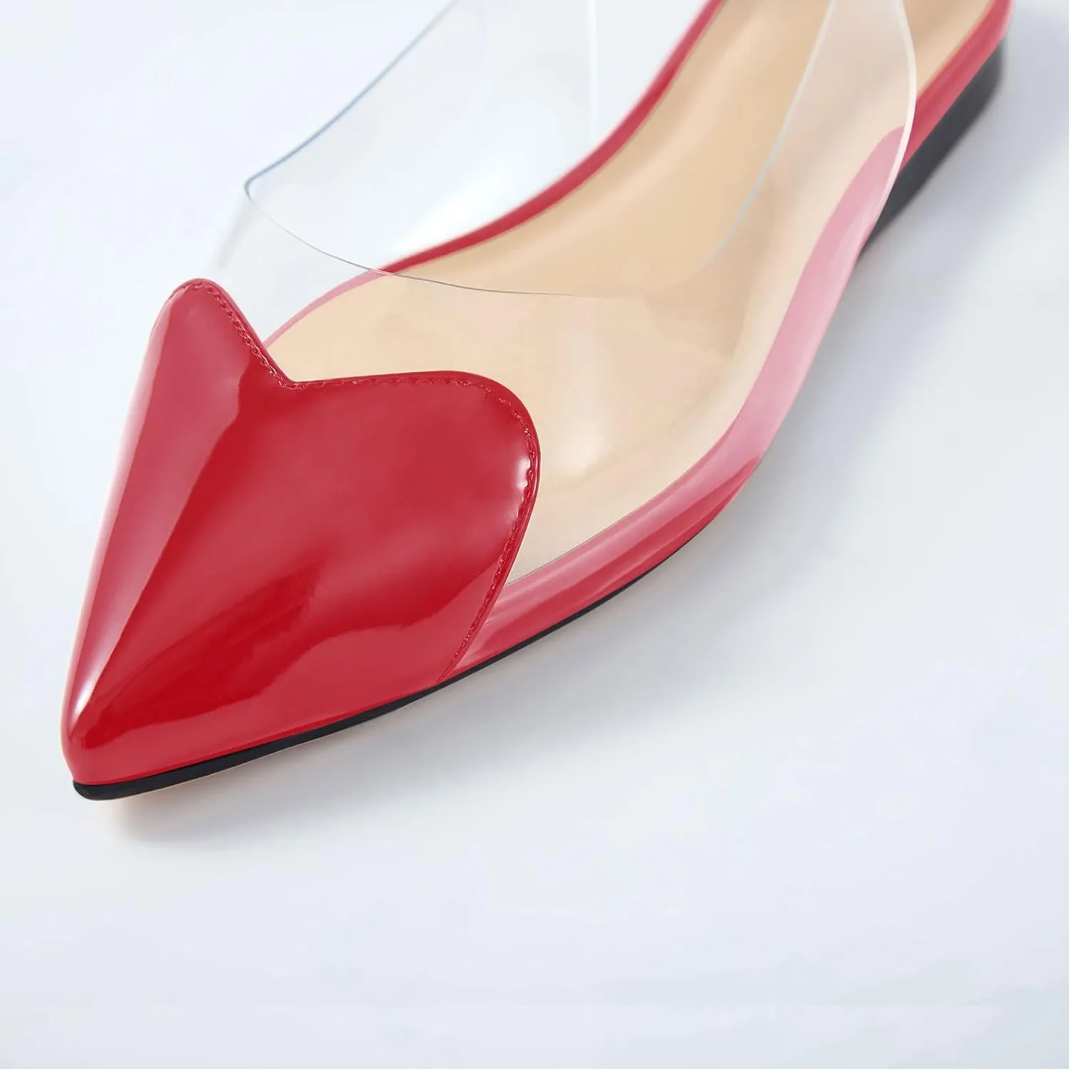 Women's Fashion Pointed Toe Heart Transparent PVC Slingback Flat Shoes Comfort Slip On Cap Toe Clear Ballet Flats Work Wedding Dress Flat Shoes for Women