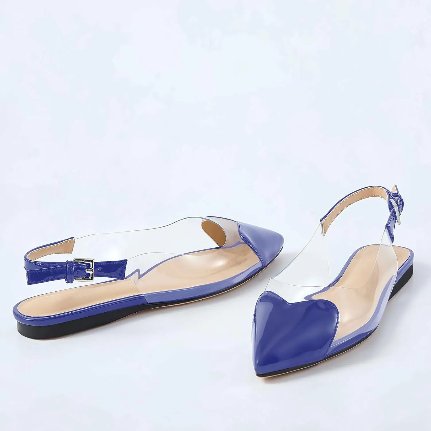 Women's Fashion Pointed Toe Heart Transparent PVC Slingback Flat Shoes Comfort Slip On Cap Toe Clear Ballet Flats Work Wedding Dress Flat Shoes for Women