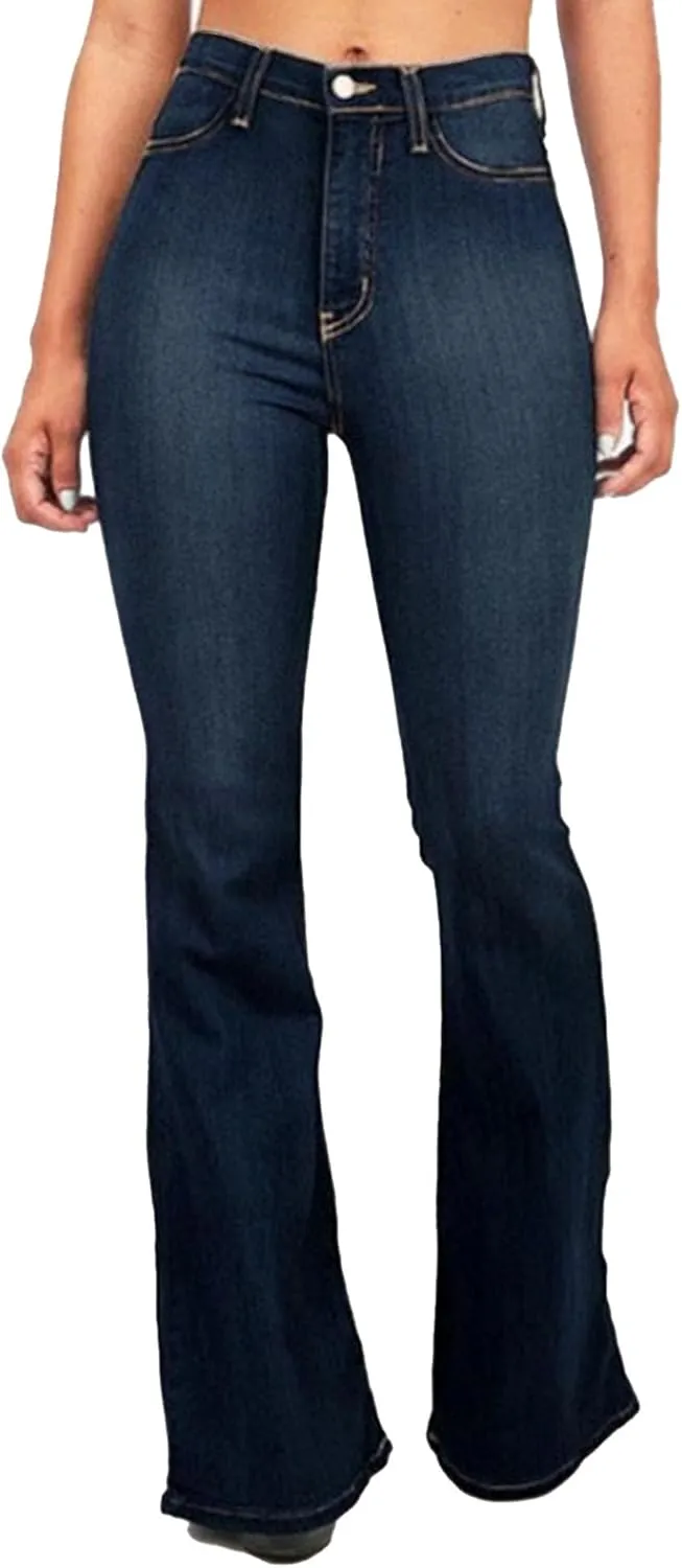 Women's Flare Vintage Classic Outdoor Jeans Stretch Slim Fit Solid Denim Pants Low Rise Comfort Jeans Trouser