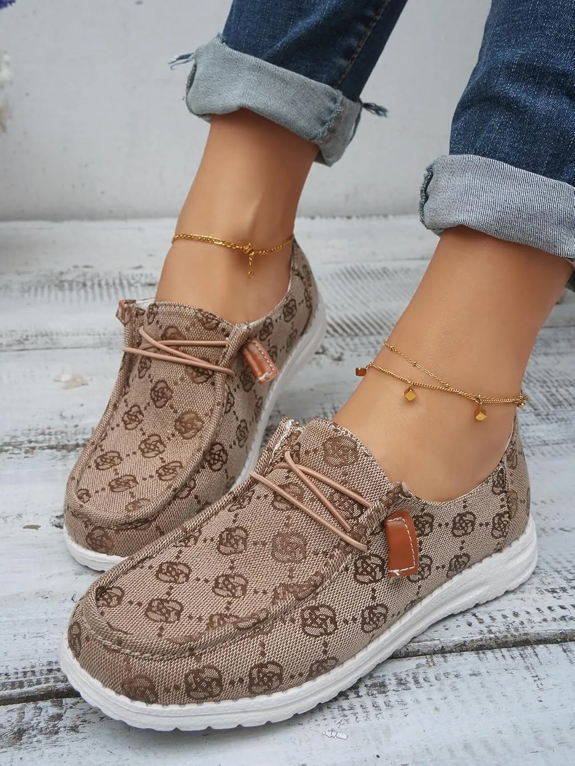 Women's Floral Pattern Slip-on Canvas Flat Loafer Shoes Round Toe Classic Design Casual Sport Sneakers with Laces Lightweight and Breathable Four Seasons,Pink/Blue/Brown