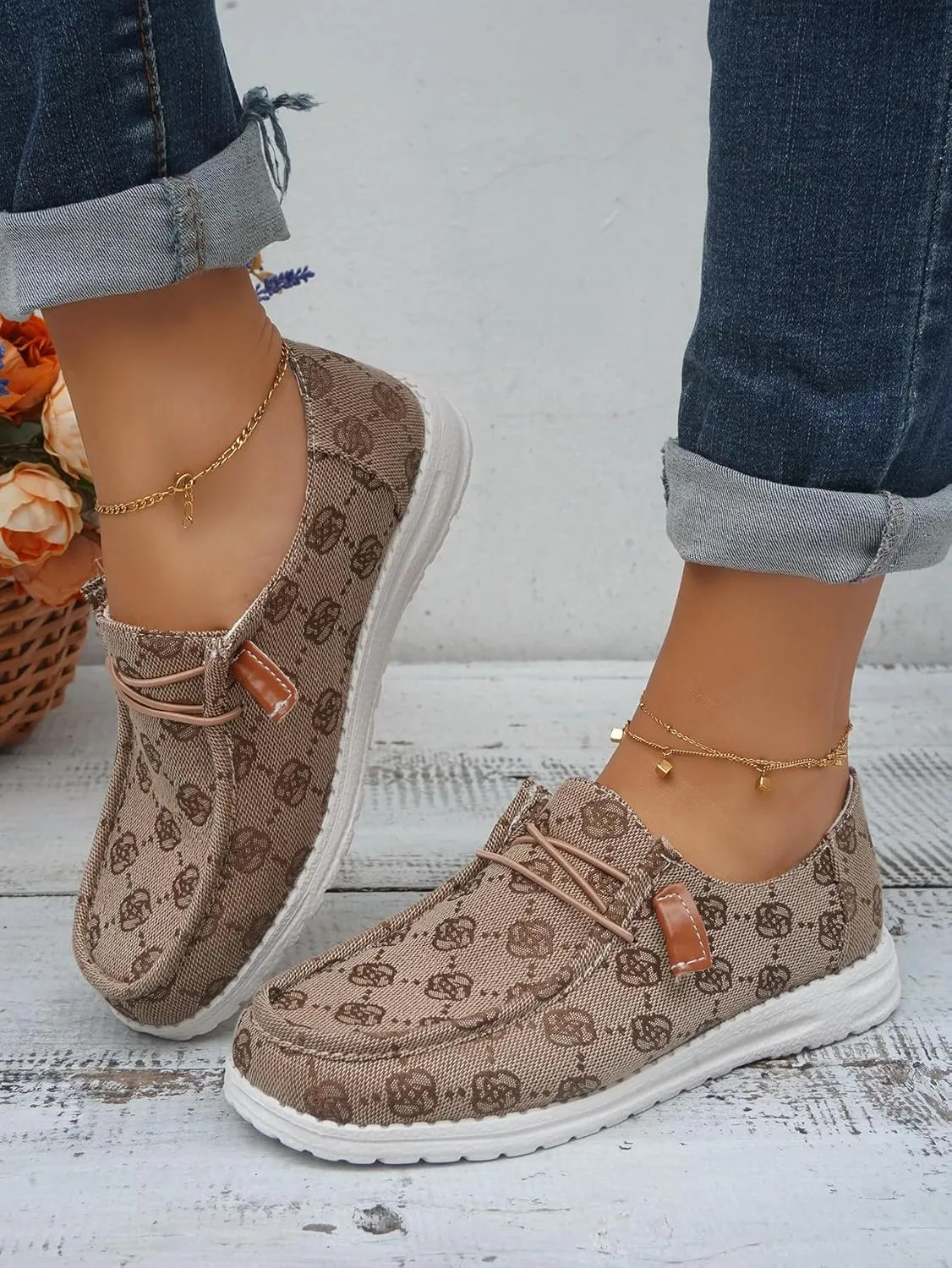 Women's Floral Pattern Slip-on Canvas Flat Loafer Shoes Round Toe Classic Design Casual Sport Sneakers with Laces Lightweight and Breathable Four Seasons,Pink/Blue/Brown