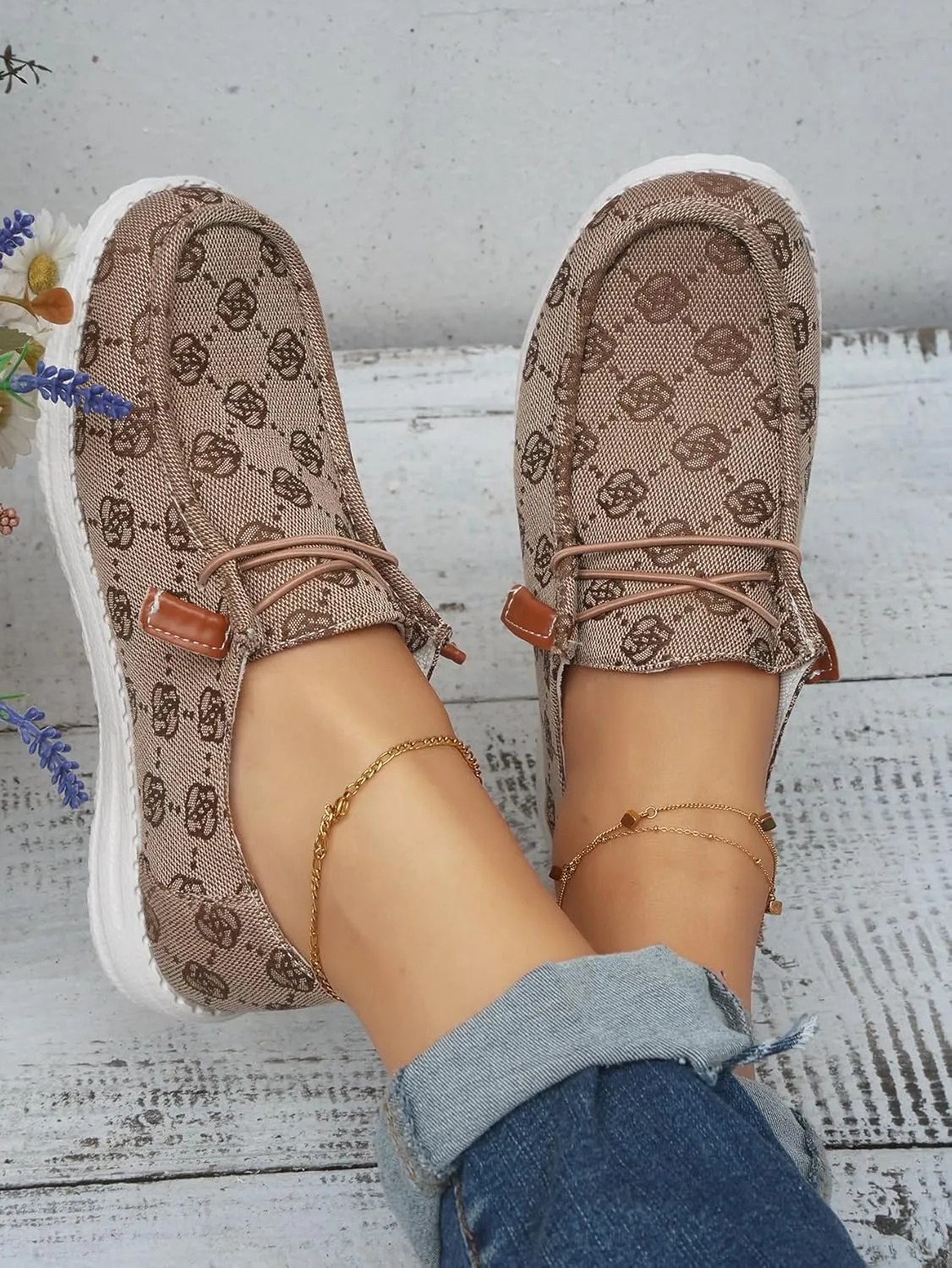 Women's Floral Pattern Slip-on Canvas Flat Loafer Shoes Round Toe Classic Design Casual Sport Sneakers with Laces Lightweight and Breathable Four Seasons,Pink/Blue/Brown