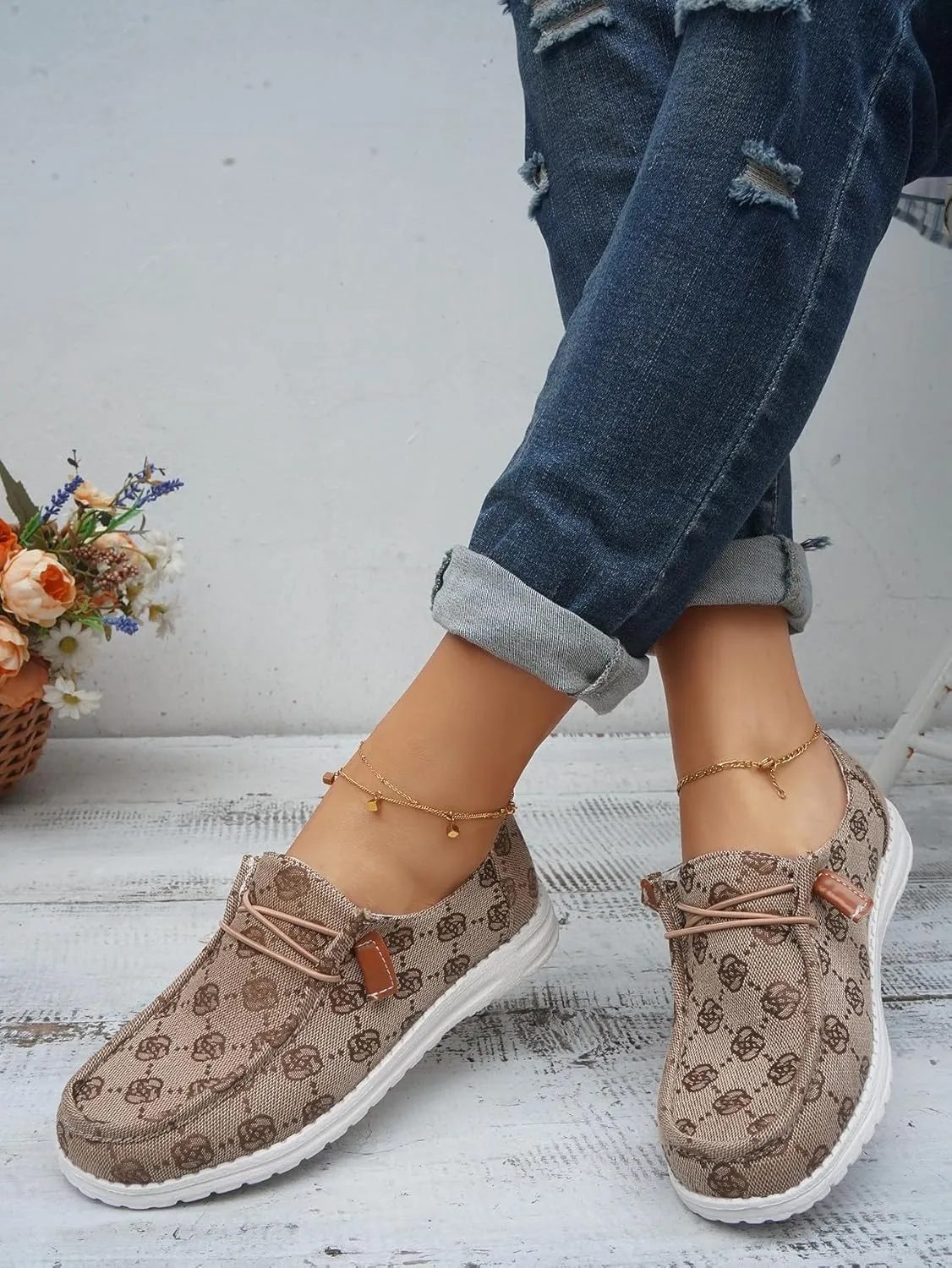 Women's Floral Pattern Slip-on Canvas Flat Loafer Shoes Round Toe Classic Design Casual Sport Sneakers with Laces Lightweight and Breathable Four Seasons,Pink/Blue/Brown