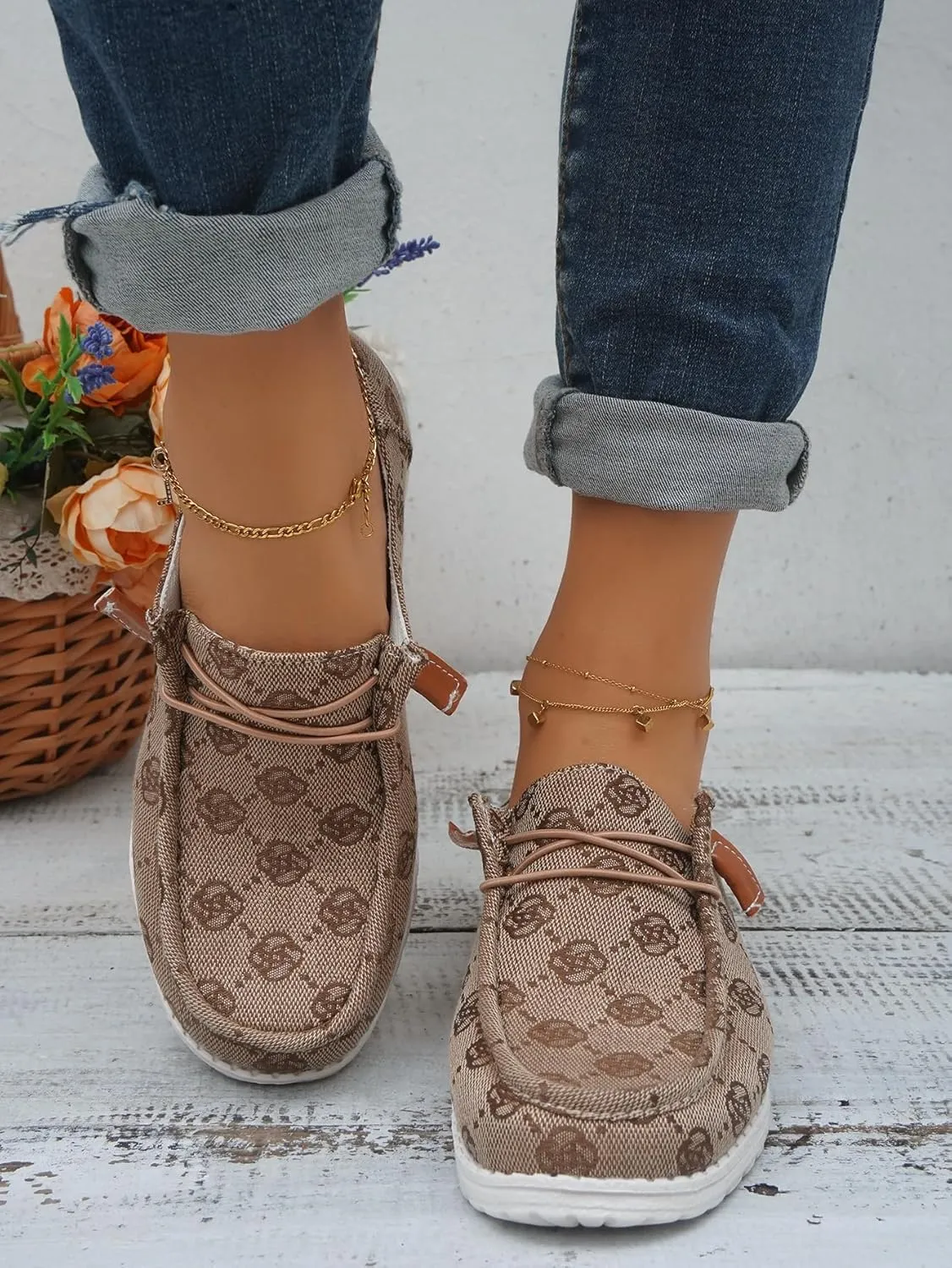 Women's Floral Pattern Slip-on Canvas Flat Loafer Shoes Round Toe Classic Design Casual Sport Sneakers with Laces Lightweight and Breathable Four Seasons,Pink/Blue/Brown