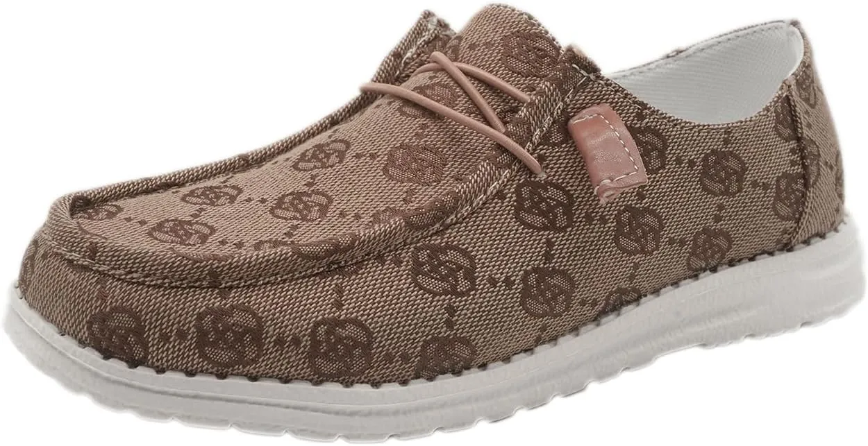 Women's Floral Pattern Slip-on Canvas Flat Loafer Shoes Round Toe Classic Design Casual Sport Sneakers with Laces Lightweight and Breathable Four Seasons,Pink/Blue/Brown