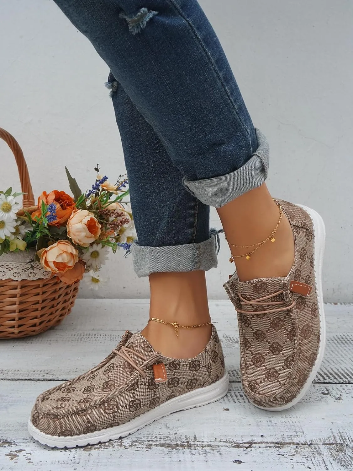 Women's Floral Pattern Slip-on Canvas Flat Loafer Shoes Round Toe Classic Design Casual Sport Sneakers with Laces Lightweight and Breathable Four Seasons,Pink/Blue/Brown